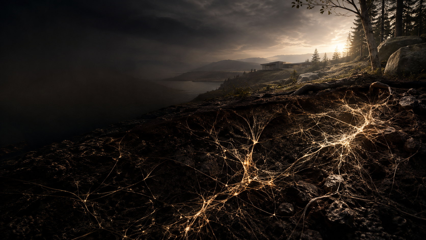 A luminous mycelial network threading through dark earth at dusk, a single house on the ridge above