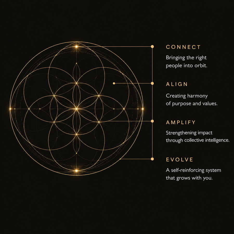 The Petal Protocol: a flower-of-life geometry marking four stages — Connect, bringing the right people into orbit; Align, creating harmony of purpose and values; Amplify, strengthening impact through collective intelligence; Evolve, a self-reinforcing system that grows with you.