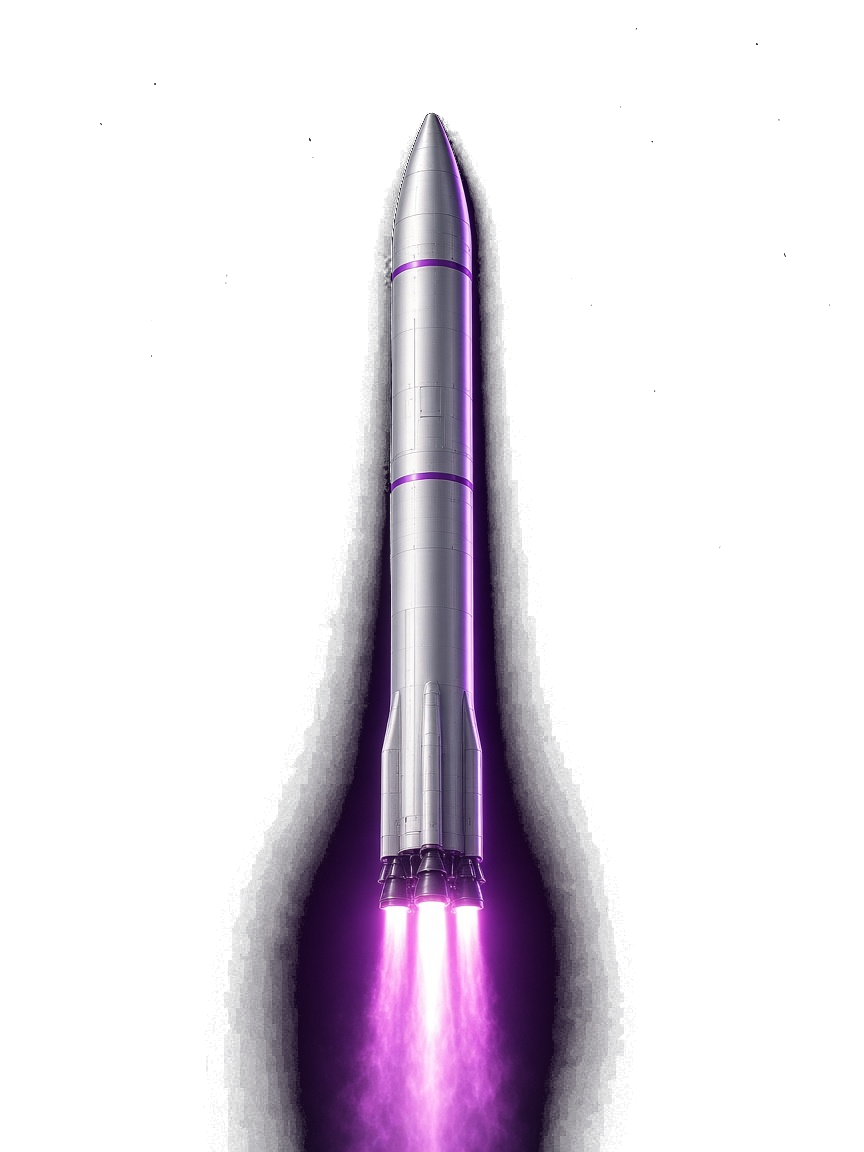A silver rocket climbing on a violet plume