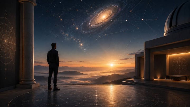 A figure on a twilight platform gazes toward a star-filled sky with a spiral galaxy — symbolizing the design of intelligent business in the age of AI.